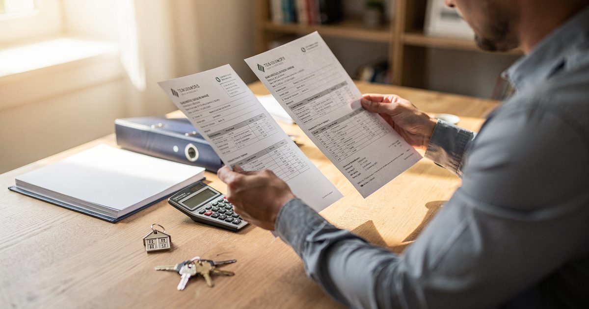 Vermieter vergleicht am Schreibtisch zwei ausgedruckte Darlehensangebote, daneben ein Taschenrechner, ein Aktenordner und Wohnungsschlüssel