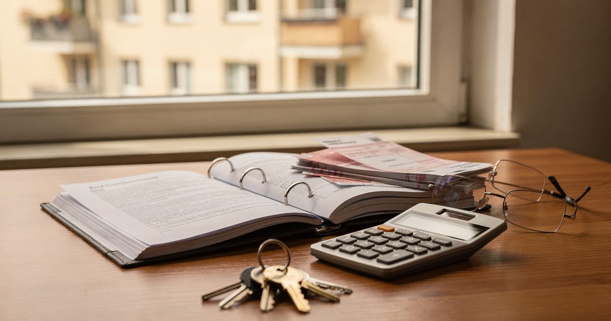 Schreibtisch mit aufgeschlagenem Aktenordner, Papierunterlagen zu einem Wohnhaus, Taschenrechner und Hausschlüssel im Tageslicht