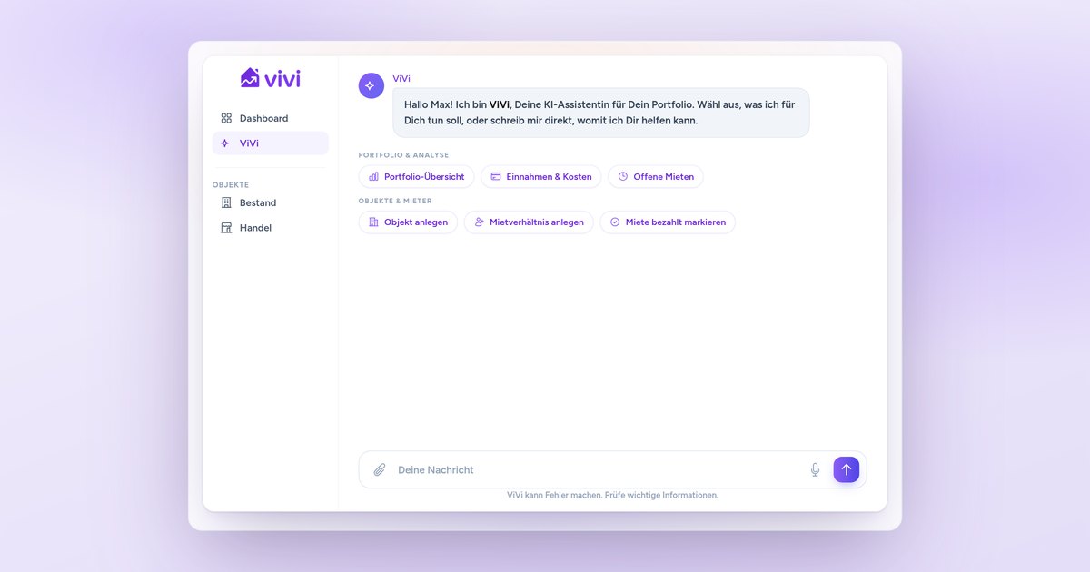 ViVi-Chat mit einer Bestätigungsübersicht, die den Ziel-Account Müller GmbH, das Objekt Musterstraße 12 und den Rechnungsbetrag 486,15 Euro zeigt, darunter die Meldung über den verbuchten Beleg