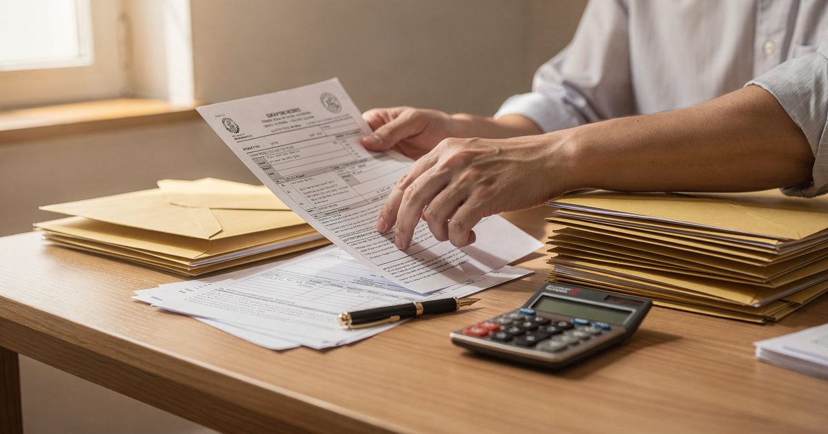 Vermieter sortiert am Schreibtisch Briefe vom Finanzamt und Ordner zur Grundsteuer