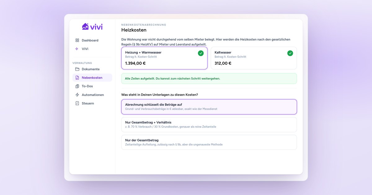 Heizkosten-Schritt in ViVi mit zwei Kostenzeilen und der Frage, was in den Unterlagen zu diesen Kosten steht, samt drei Auswahlkarten