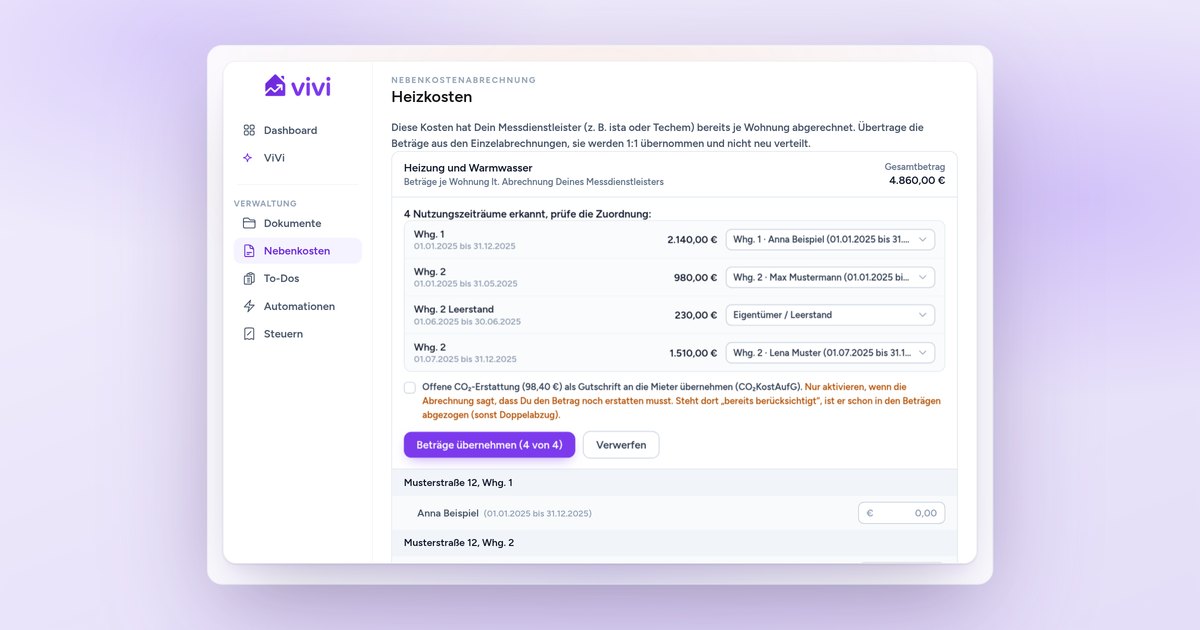 ViVi-Assistent im Schritt Heizkosten mit vier erkannten Nutzungszeiträumen aus der Messdienst-Abrechnung, je Zeile Betrag und Zuordnung zum Mietverhältnis