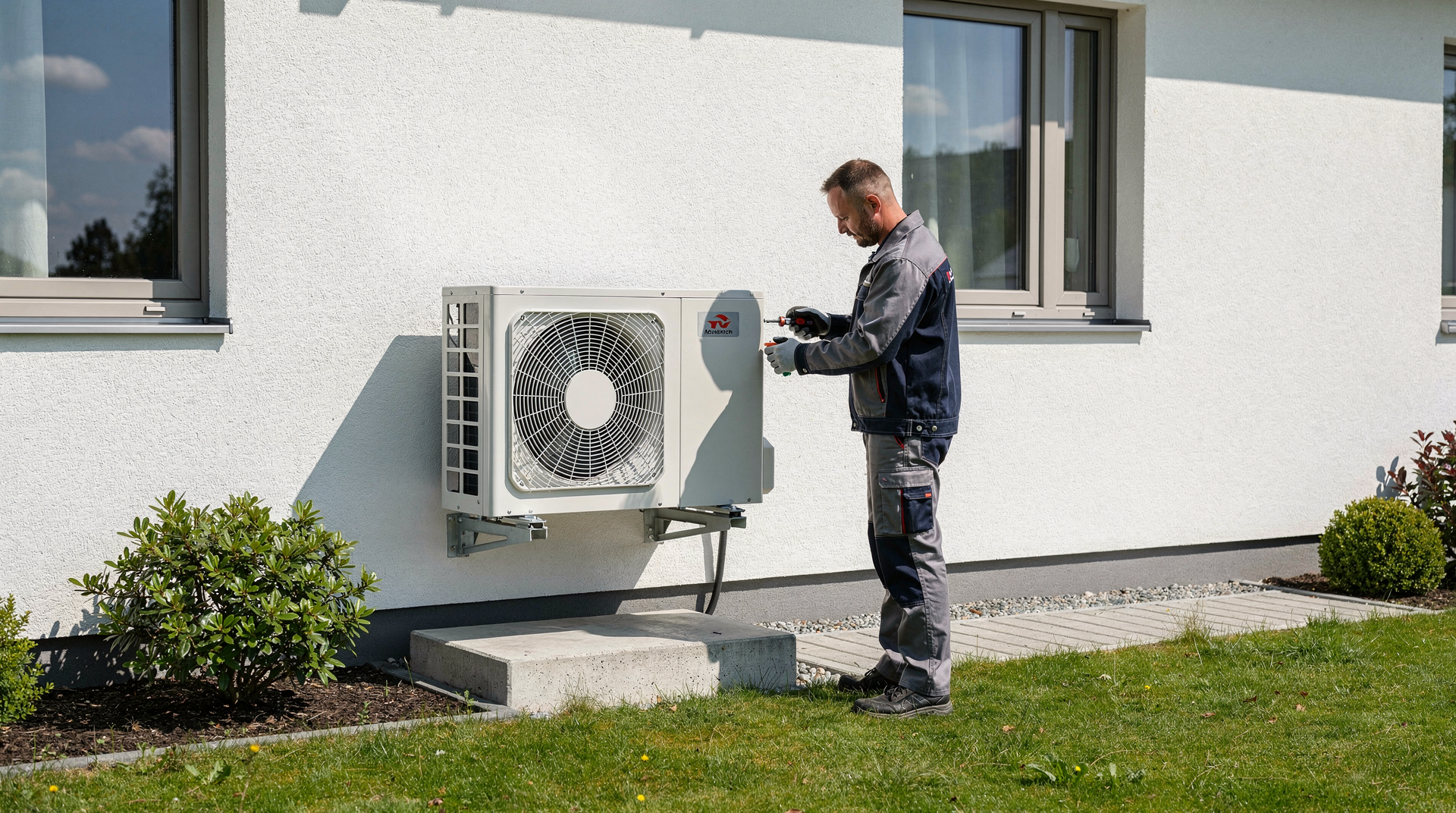Monteur installiert eine Wärmepumpe an der Außenwand eines Wohnhauses