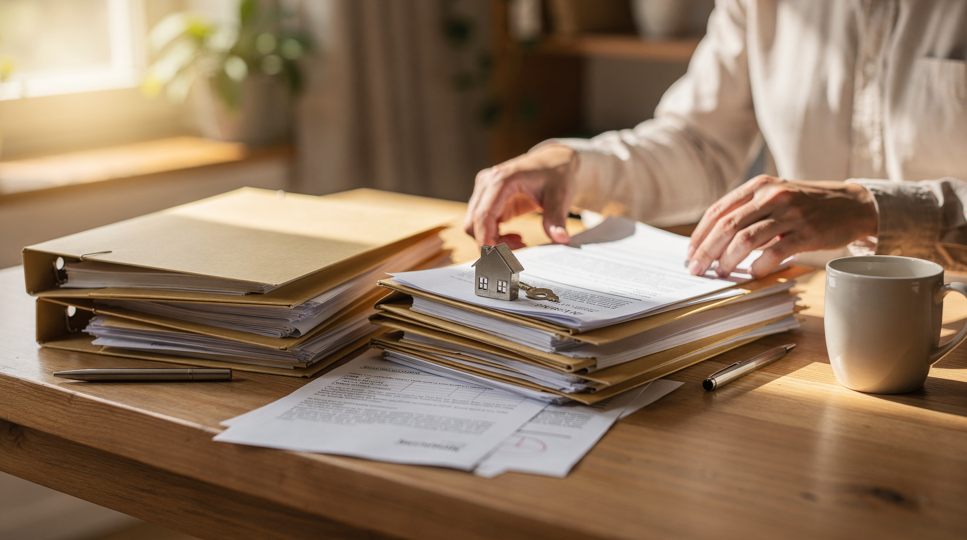 Vermieter sortiert Papierunterlagen und Ordner am Schreibtisch bei Tageslicht