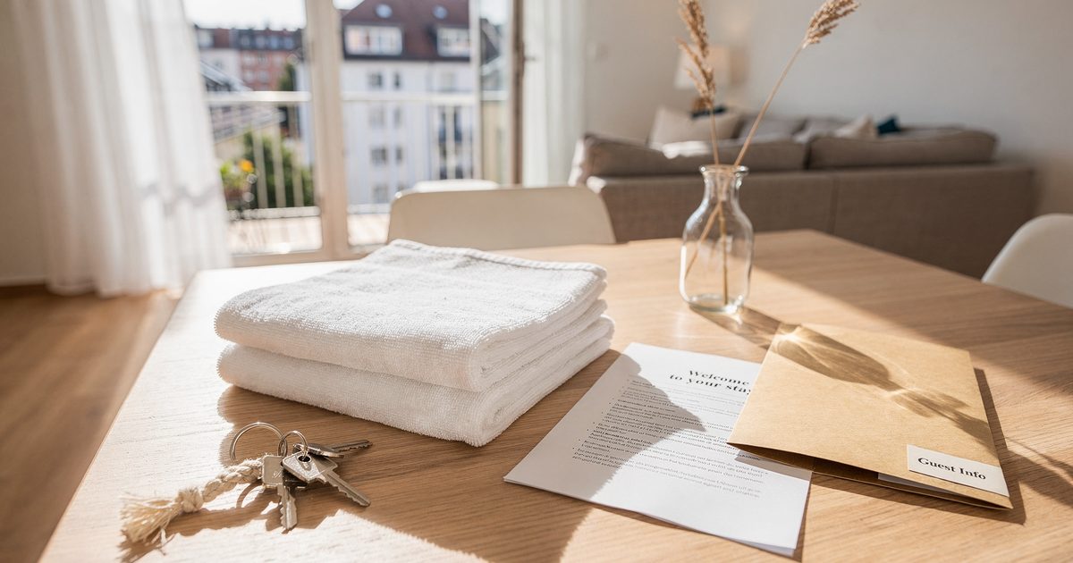 Schlüsselbund, Gästehandtücher und ein Stapel Papierunterlagen auf dem Holztisch einer hellen Ferienwohnung