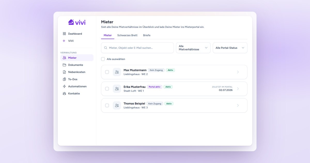 Mieter-Übersicht im ViVi-Mieterportal mit Portal-Status je Mietverhältnis und den Tabs Mieter, Schwarzes Brett und Briefe