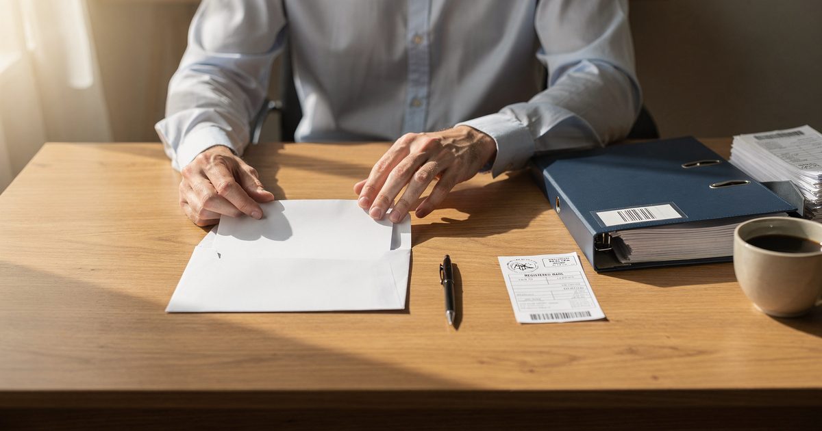 Vermieter kuvertiert am Schreibtisch eine ausgedruckte Abrechnung, daneben liegen Belege, ein Aktenordner und ein Einschreiben-Beleg