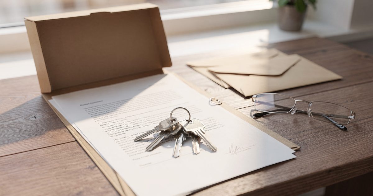 Schreibtisch mit gedrucktem Mietvertrag, Schlüsselbund, aufgeschlagenem Ordner und zwei Briefumschlägen im Tageslicht
