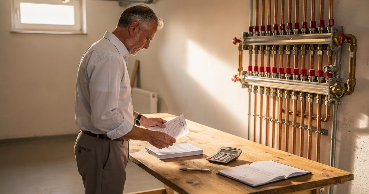 Vermieter prüft am Schreibtisch einen Wärmeliefervertrag und Heizkostenunterlagen neben dem Verteiler einer neuen Zentralheizung